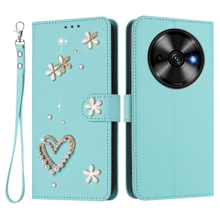 For Oukitel C59 / C59 Pro ZS01 Double-Layer Heart Floral Vegan Leather Phone Case with Wrist Strap