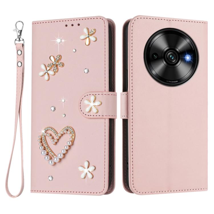 For Oukitel C59 / C59 Pro ZS01 Double-Layer Heart Floral Vegan Leather Phone Case with Wrist Strap