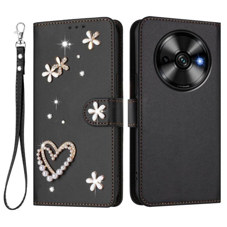 For Oukitel C59 / C59 Pro ZS01 Double-Layer Heart Floral Vegan Leather Phone Case with Wrist Strap