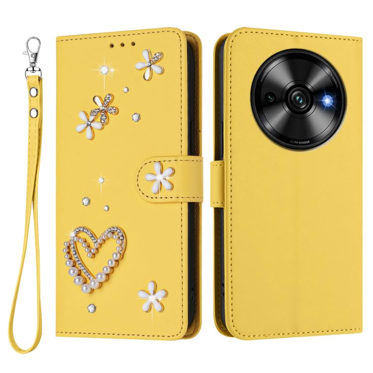 For Oukitel C59 / C59 Pro ZS01 Double-Layer Heart Floral Vegan Leather Phone Case with Wrist Strap