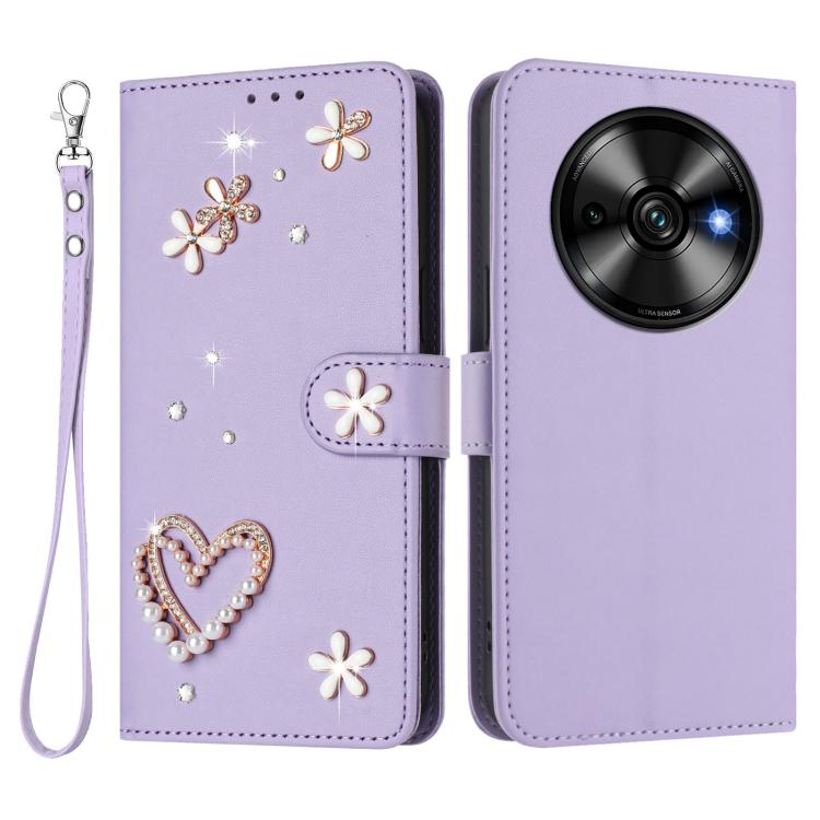 For Oukitel C59 / C59 Pro ZS01 Double-Layer Heart Floral Vegan Leather Phone Case with Wrist Strap