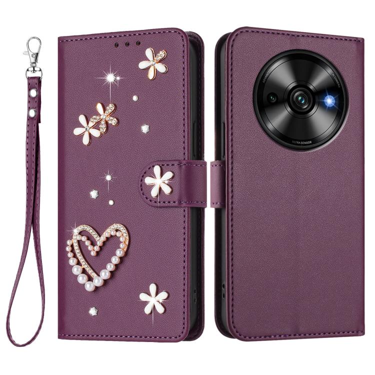 For Oukitel C59 / C59 Pro ZS01 Double-Layer Heart Floral Vegan Leather Phone Case with Wrist Strap