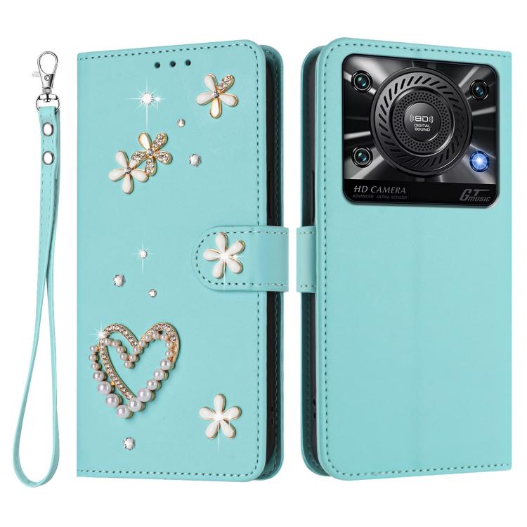 For Oukitel C60 ZS01 Double-Layer Heart Floral Vegan Leather Phone Case with Wrist Strap