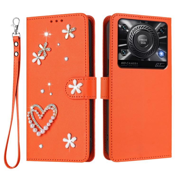 For Oukitel C60 ZS01 Double-Layer Heart Floral Vegan Leather Phone Case with Wrist Strap
