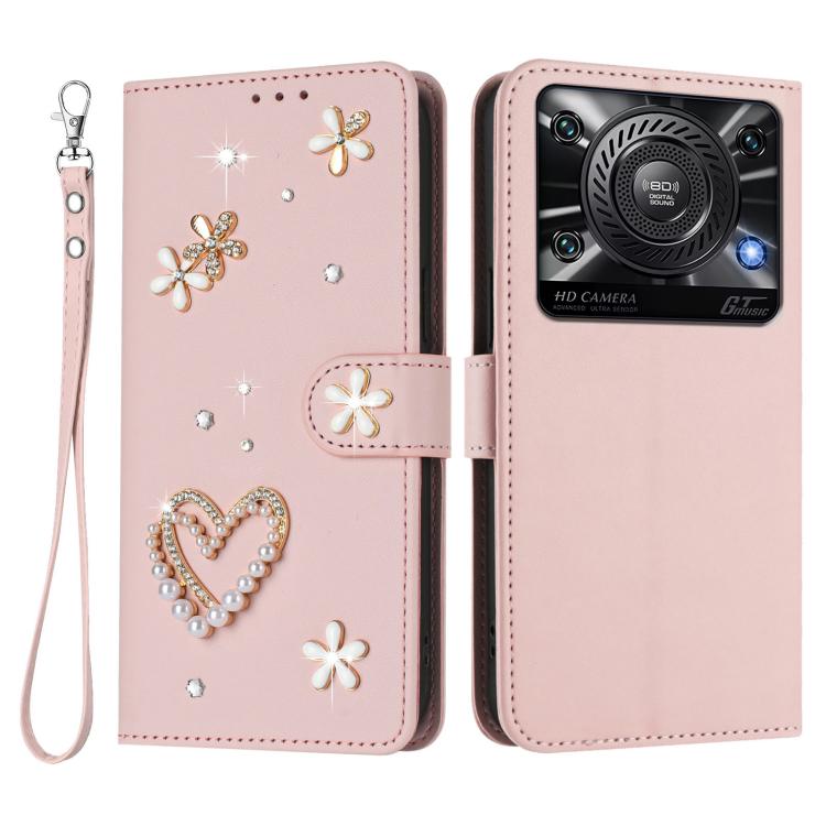 For Oukitel C60 ZS01 Double-Layer Heart Floral Vegan Leather Phone Case with Wrist Strap