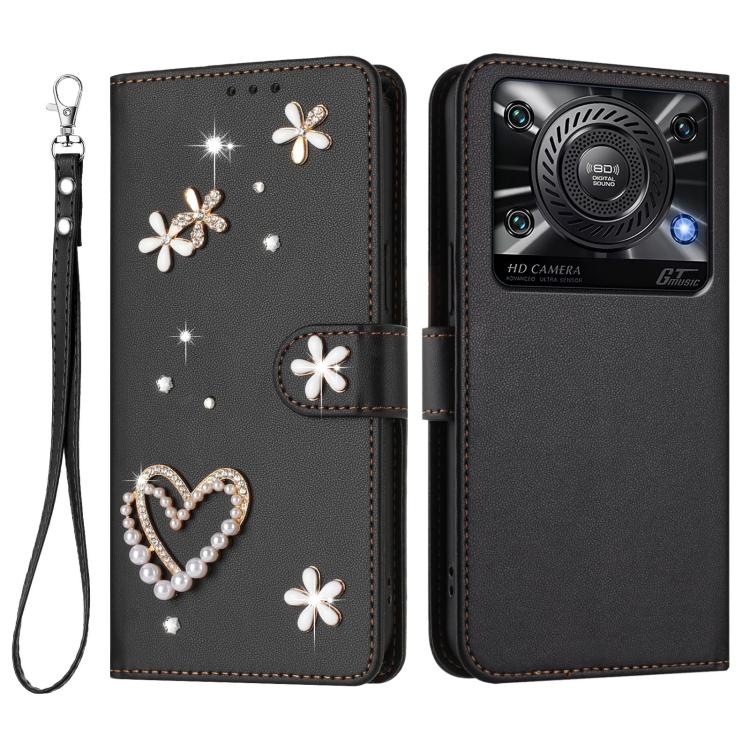 For Oukitel C60 ZS01 Double-Layer Heart Floral Vegan Leather Phone Case with Wrist Strap