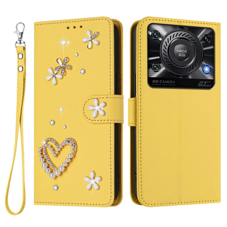 For Oukitel C60 ZS01 Double-Layer Heart Floral Vegan Leather Phone Case with Wrist Strap