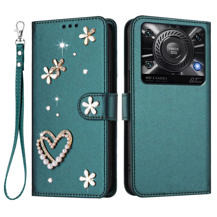 For Oukitel C60 ZS01 Double-Layer Heart Floral Vegan Leather Phone Case with Wrist Strap