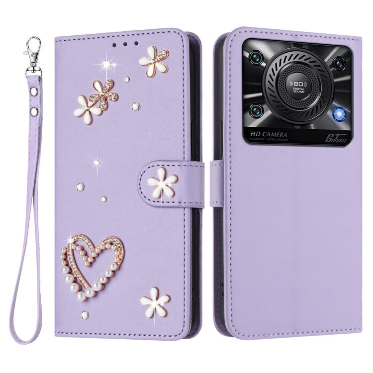 For Oukitel C60 ZS01 Double-Layer Heart Floral Vegan Leather Phone Case with Wrist Strap