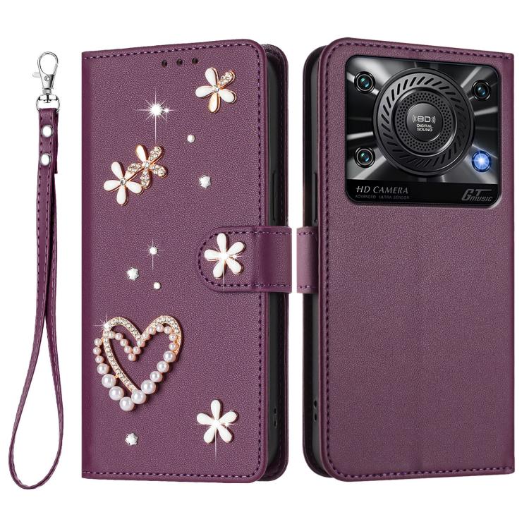 For Oukitel C60 ZS01 Double-Layer Heart Floral Vegan Leather Phone Case with Wrist Strap