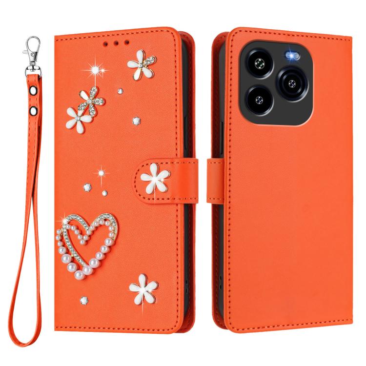 For Oukitel C65 / C65 Pro ZS01 Double-Layer Heart Floral Vegan Leather Phone Case with Wrist Strap