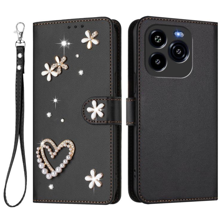 For Oukitel C65 / C65 Pro ZS01 Double-Layer Heart Floral Vegan Leather Phone Case with Wrist Strap
