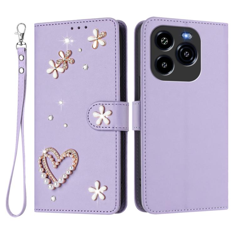 For Oukitel C65 / C65 Pro ZS01 Double-Layer Heart Floral Vegan Leather Phone Case with Wrist Strap