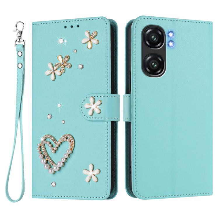For Oukitel C58 / C58 Pro ZS01 Double-Layer Heart Floral Vegan Leather Phone Case with Wrist Strap