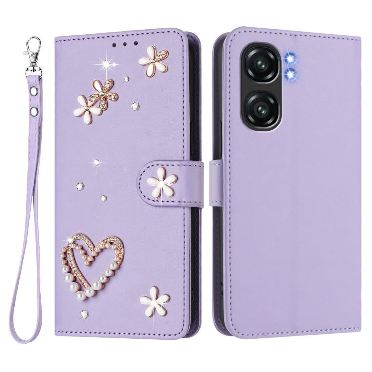 For Oukitel C58 / C58 Pro ZS01 Double-Layer Heart Floral Vegan Leather Phone Case with Wrist Strap
