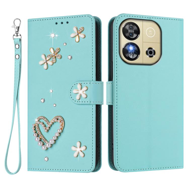 For Oukitel C57S / C57 Pro / C57 ZS01 Double-Layer Heart Floral Vegan Leather Phone Case with Wrist Strap