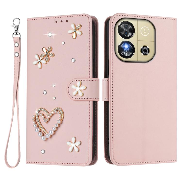 For Oukitel C57S / C57 Pro / C57 ZS01 Double-Layer Heart Floral Vegan Leather Phone Case with Wrist Strap