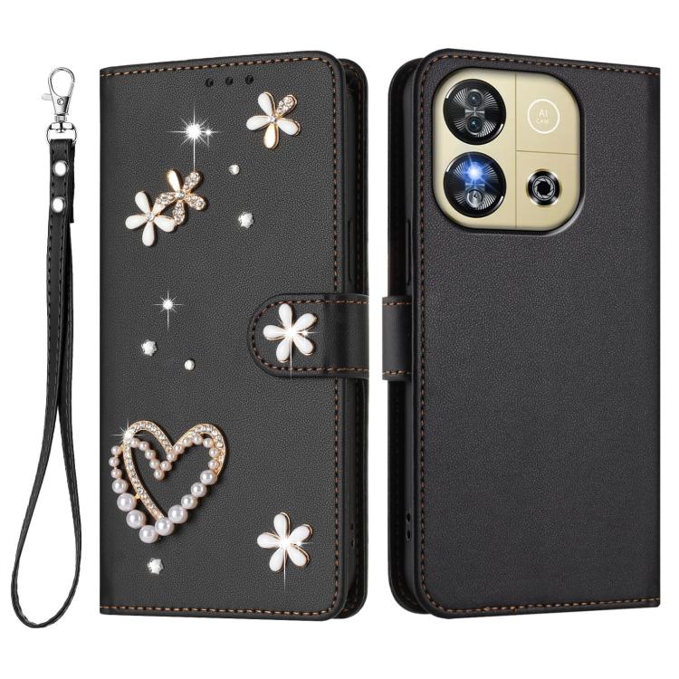 For Oukitel C57S / C57 Pro / C57 ZS01 Double-Layer Heart Floral Vegan Leather Phone Case with Wrist Strap