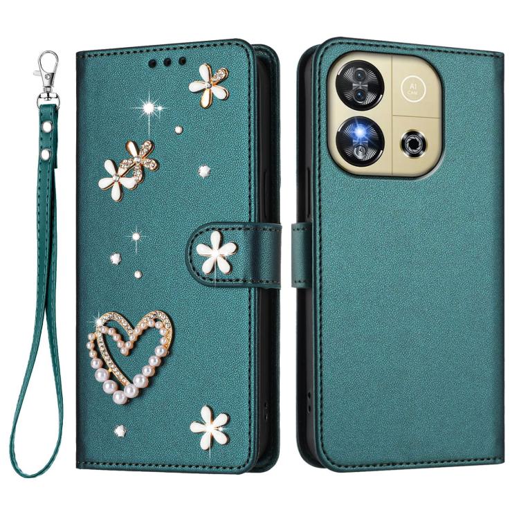 For Oukitel C57S / C57 Pro / C57 ZS01 Double-Layer Heart Floral Vegan Leather Phone Case with Wrist Strap