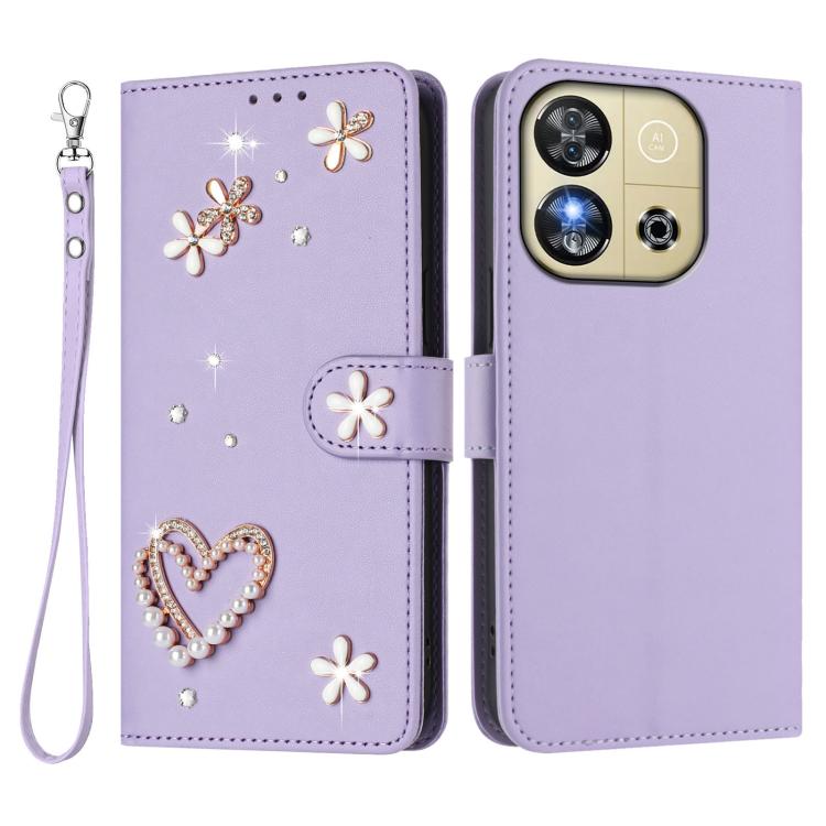 For Oukitel C57S / C57 Pro / C57 ZS01 Double-Layer Heart Floral Vegan Leather Phone Case with Wrist Strap