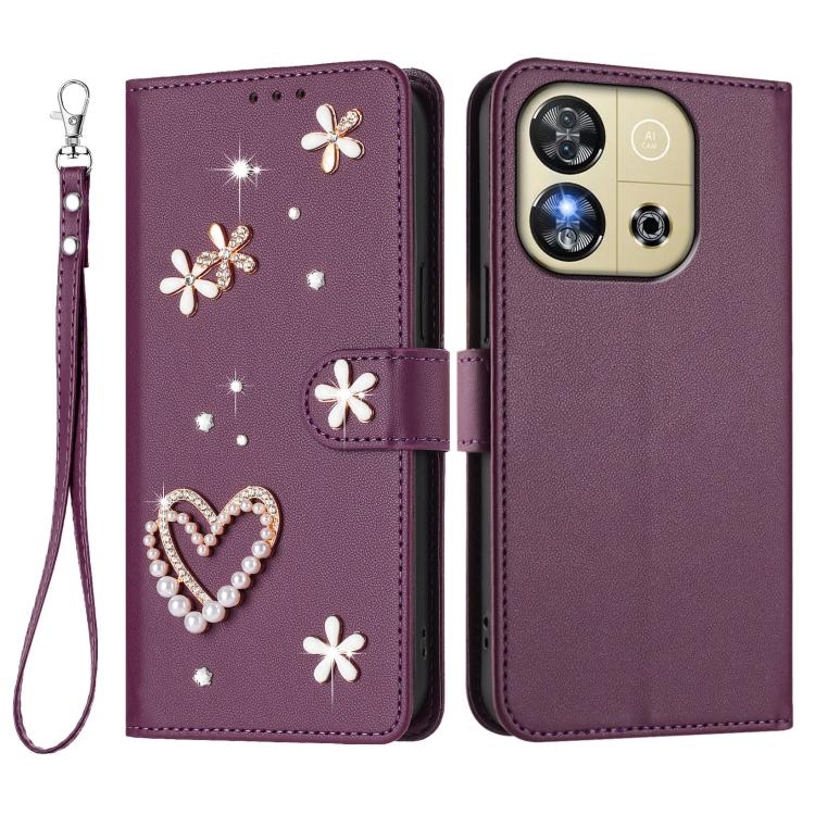 For Oukitel C57S / C57 Pro / C57 ZS01 Double-Layer Heart Floral Vegan Leather Phone Case with Wrist Strap