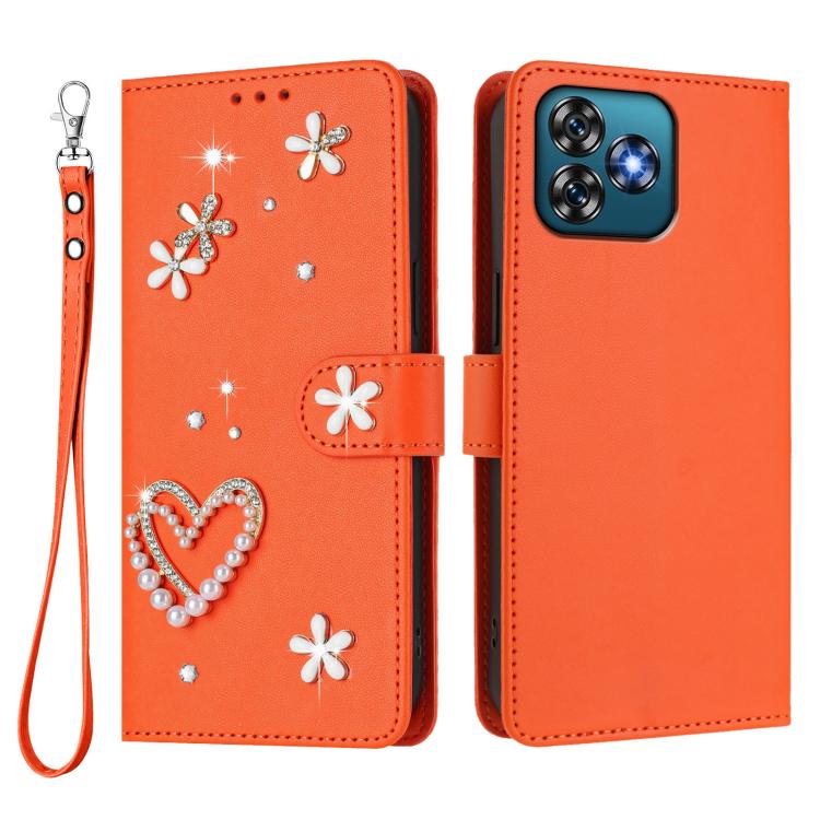 For Oukitel C53 ZS01 Double-Layer Heart Floral Vegan Leather Phone Case with Wrist Strap