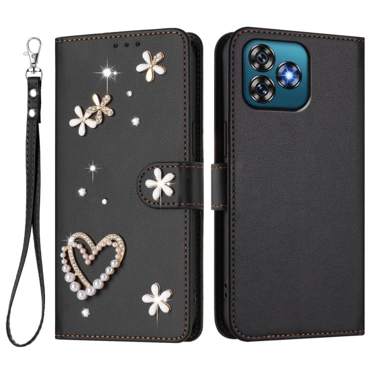 For Oukitel C53 ZS01 Double-Layer Heart Floral Vegan Leather Phone Case with Wrist Strap