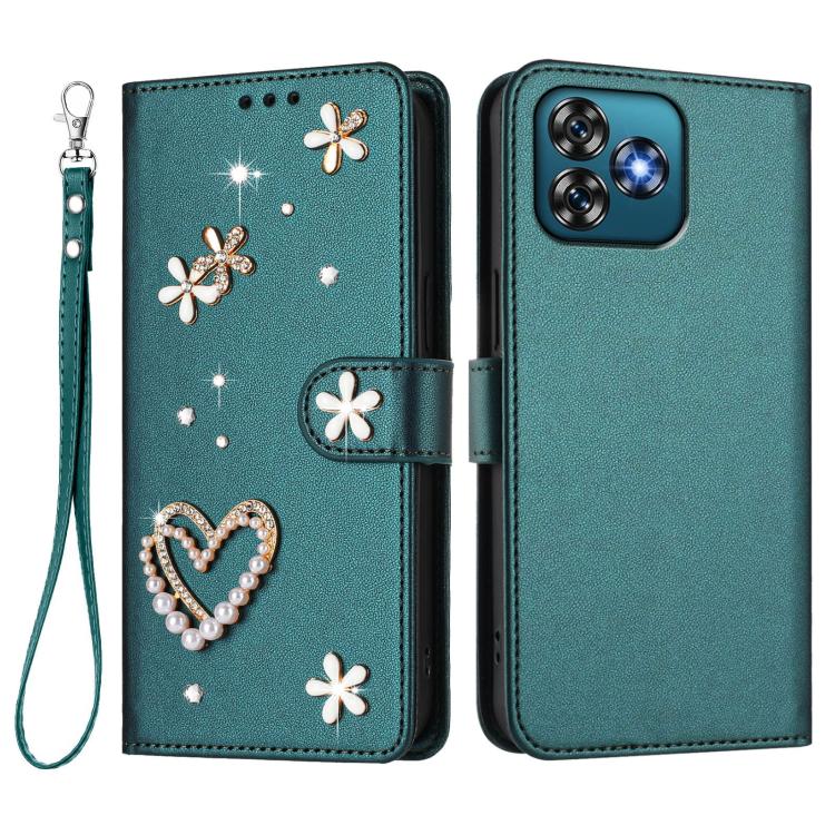For Oukitel C53 ZS01 Double-Layer Heart Floral Vegan Leather Phone Case with Wrist Strap