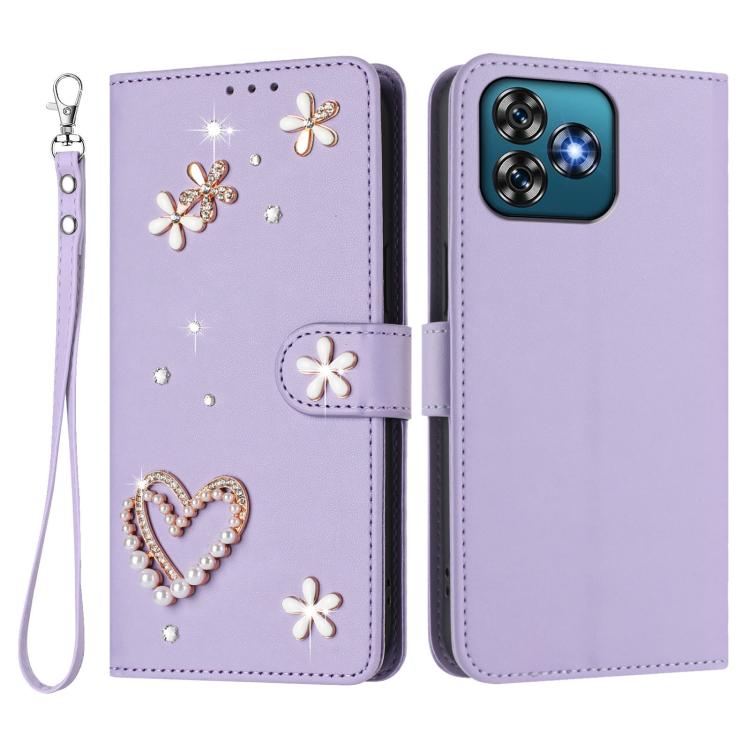 For Oukitel C53 ZS01 Double-Layer Heart Floral Vegan Leather Phone Case with Wrist Strap
