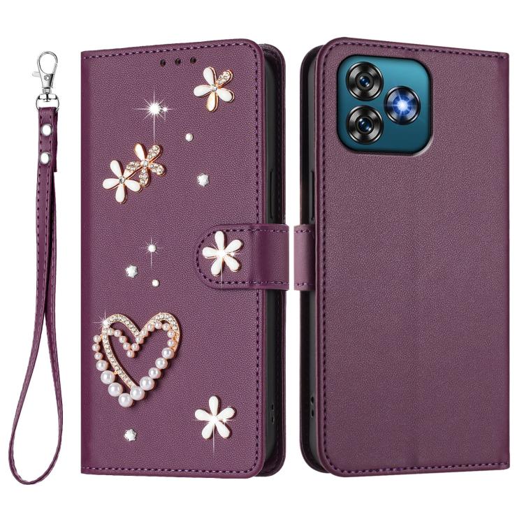 For Oukitel C53 ZS01 Double-Layer Heart Floral Vegan Leather Phone Case with Wrist Strap