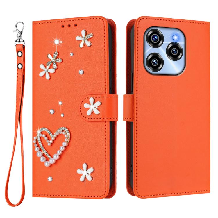 For Oukitel C50 ZS01 Double-Layer Heart Floral Vegan Leather Phone Case with Wrist Strap