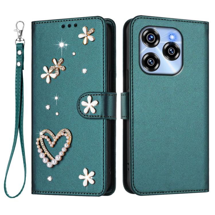 For Oukitel C50 ZS01 Double-Layer Heart Floral Vegan Leather Phone Case with Wrist Strap