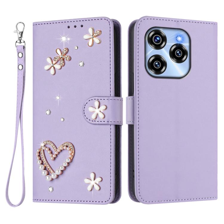 For Oukitel C50 ZS01 Double-Layer Heart Floral Vegan Leather Phone Case with Wrist Strap