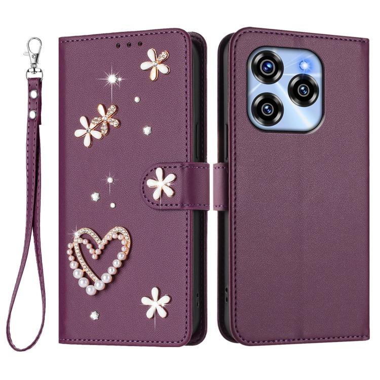 For Oukitel C50 ZS01 Double-Layer Heart Floral Vegan Leather Phone Case with Wrist Strap