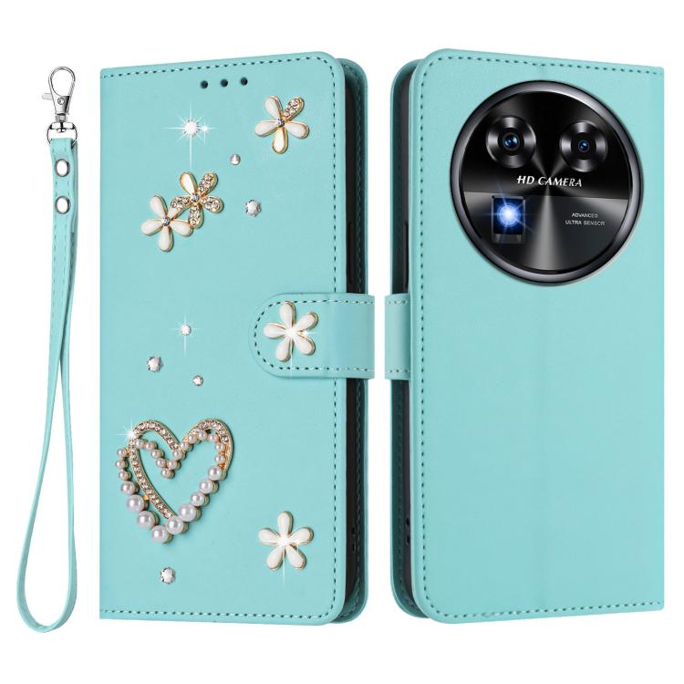 For Oukitel C37 ZS01 Double-Layer Heart Floral Vegan Leather Phone Case with Wrist Strap