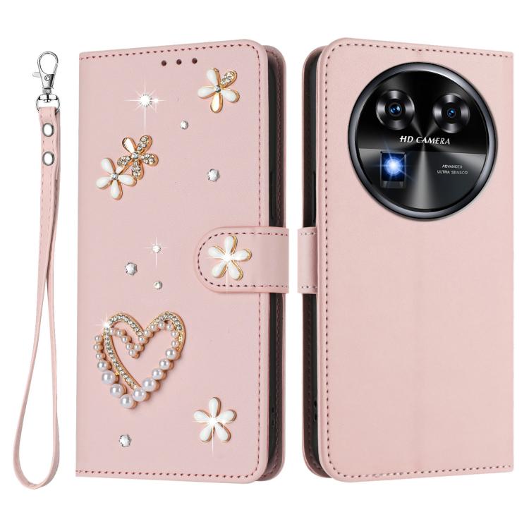 For Oukitel C37 ZS01 Double-Layer Heart Floral Vegan Leather Phone Case with Wrist Strap