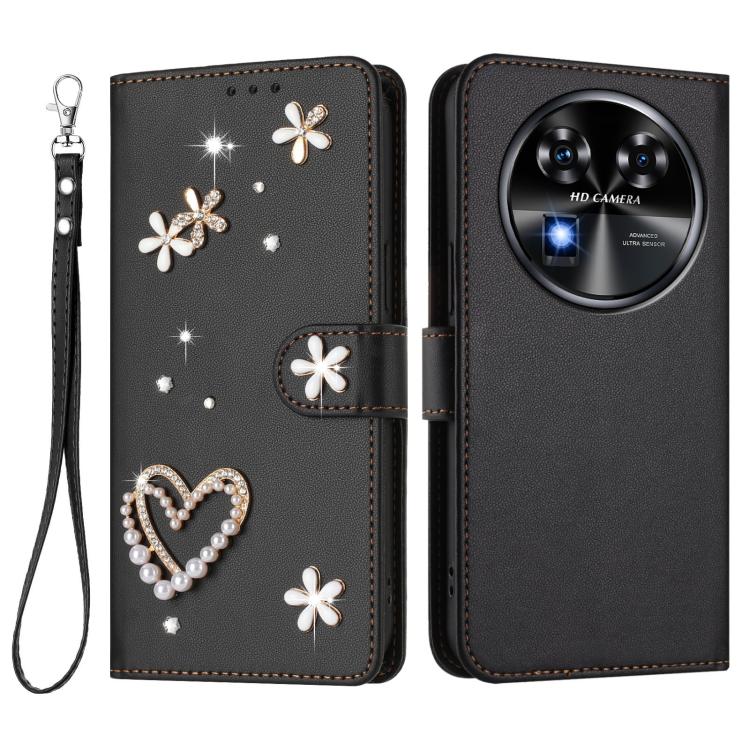For Oukitel C37 ZS01 Double-Layer Heart Floral Vegan Leather Phone Case with Wrist Strap
