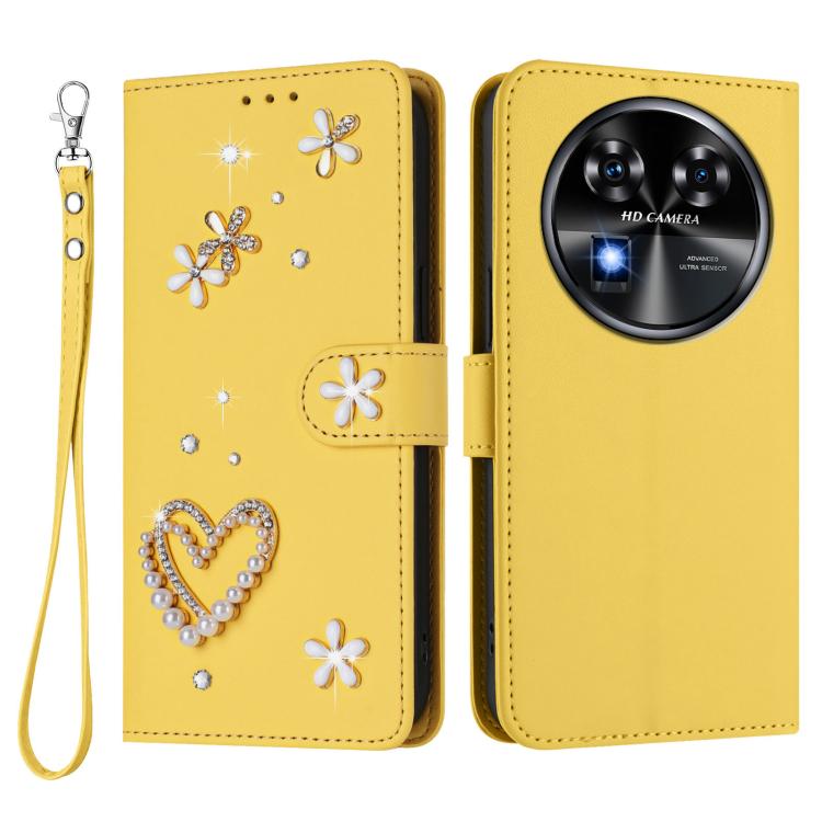 For Oukitel C37 ZS01 Double-Layer Heart Floral Vegan Leather Phone Case with Wrist Strap