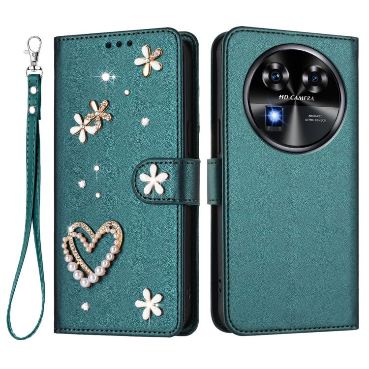 For Oukitel C37 ZS01 Double-Layer Heart Floral Vegan Leather Phone Case with Wrist Strap
