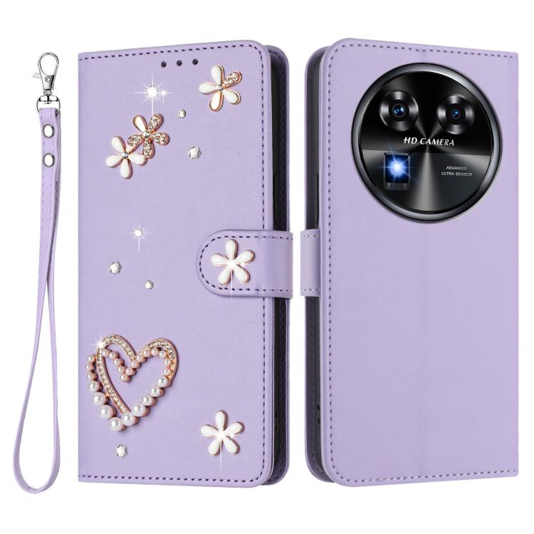For Oukitel C37 ZS01 Double-Layer Heart Floral Vegan Leather Phone Case with Wrist Strap