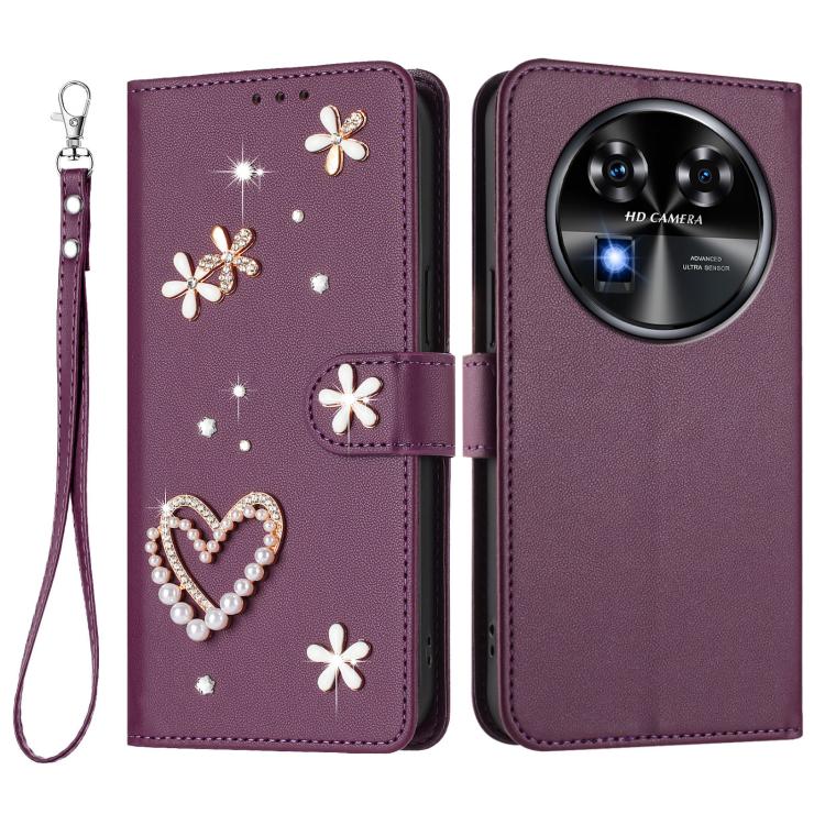 For Oukitel C37 ZS01 Double-Layer Heart Floral Vegan Leather Phone Case with Wrist Strap