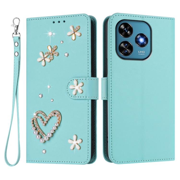 For Oukitel C51 ZS01 Double-Layer Heart Floral Vegan Leather Phone Case with Wrist Strap