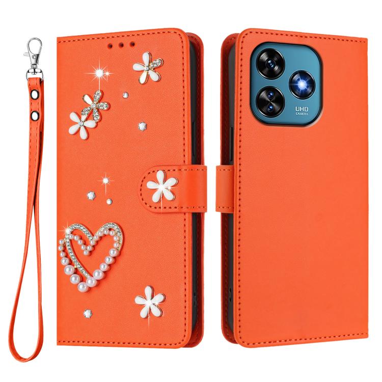 For Oukitel C51 ZS01 Double-Layer Heart Floral Vegan Leather Phone Case with Wrist Strap