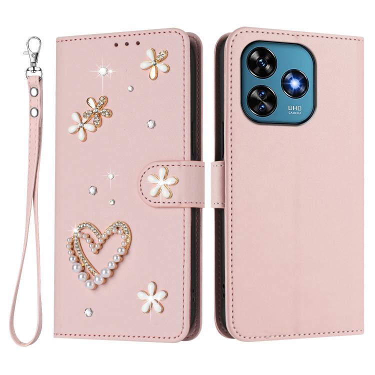 For Oukitel C51 ZS01 Double-Layer Heart Floral Vegan Leather Phone Case with Wrist Strap