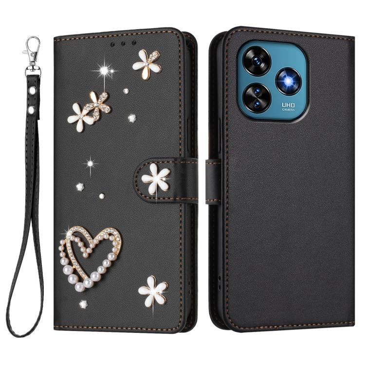 For Oukitel C51 ZS01 Double-Layer Heart Floral Vegan Leather Phone Case with Wrist Strap
