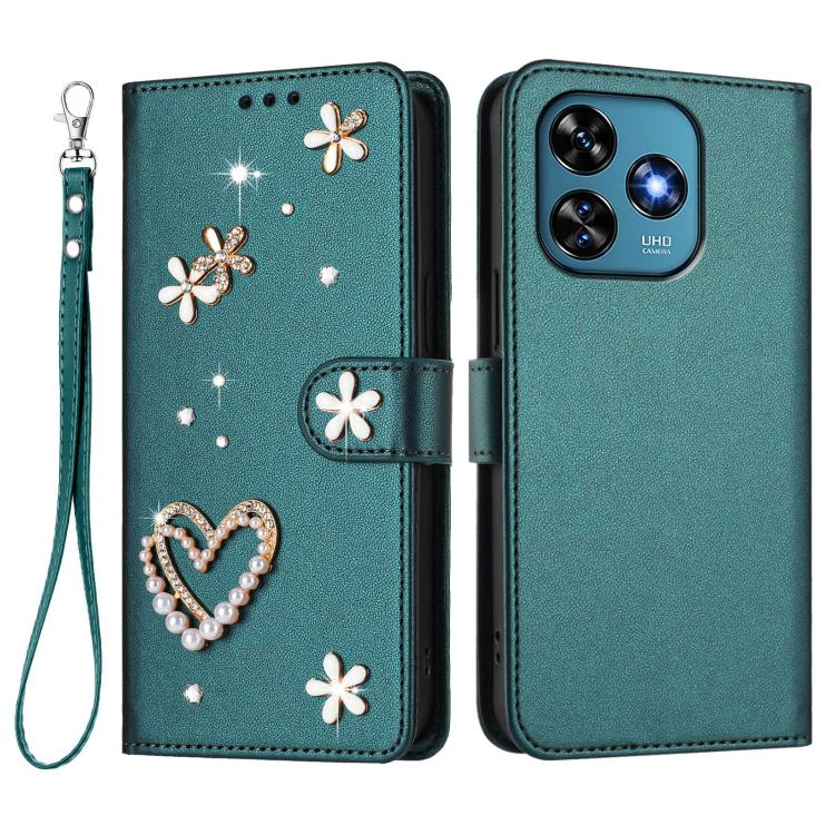 For Oukitel C51 ZS01 Double-Layer Heart Floral Vegan Leather Phone Case with Wrist Strap