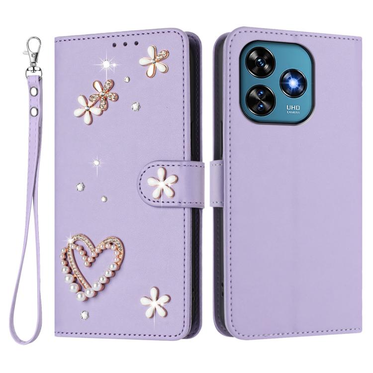 For Oukitel C51 ZS01 Double-Layer Heart Floral Vegan Leather Phone Case with Wrist Strap