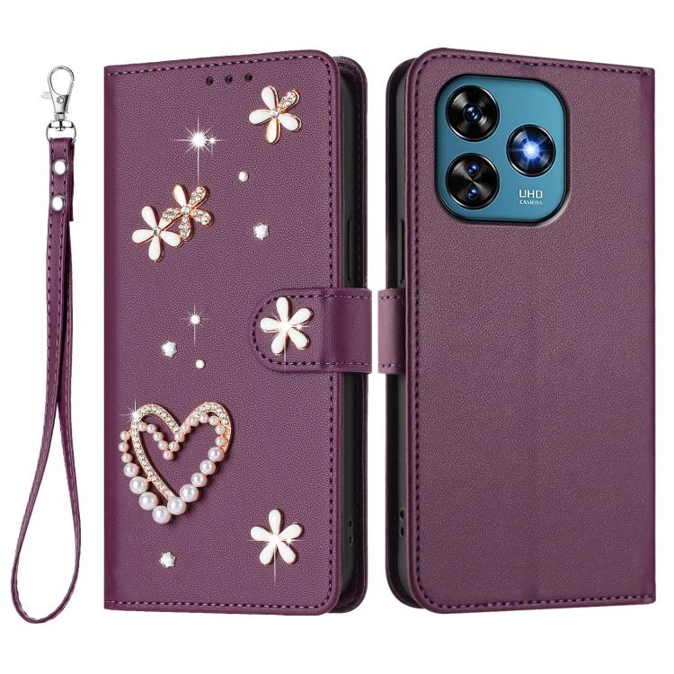 For Oukitel C51 ZS01 Double-Layer Heart Floral Vegan Leather Phone Case with Wrist Strap