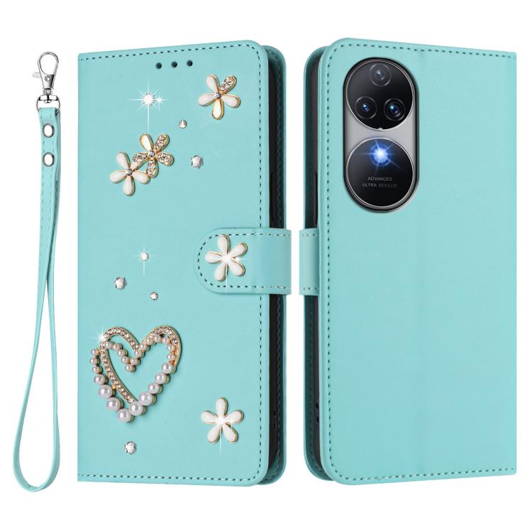 For Oukitel C38 ZS01 Double-Layer Heart Floral Vegan Leather Phone Case with Wrist Strap