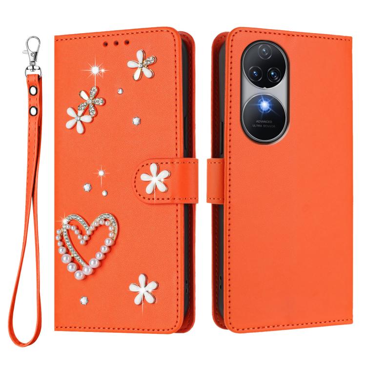 For Oukitel C38 ZS01 Double-Layer Heart Floral Vegan Leather Phone Case with Wrist Strap